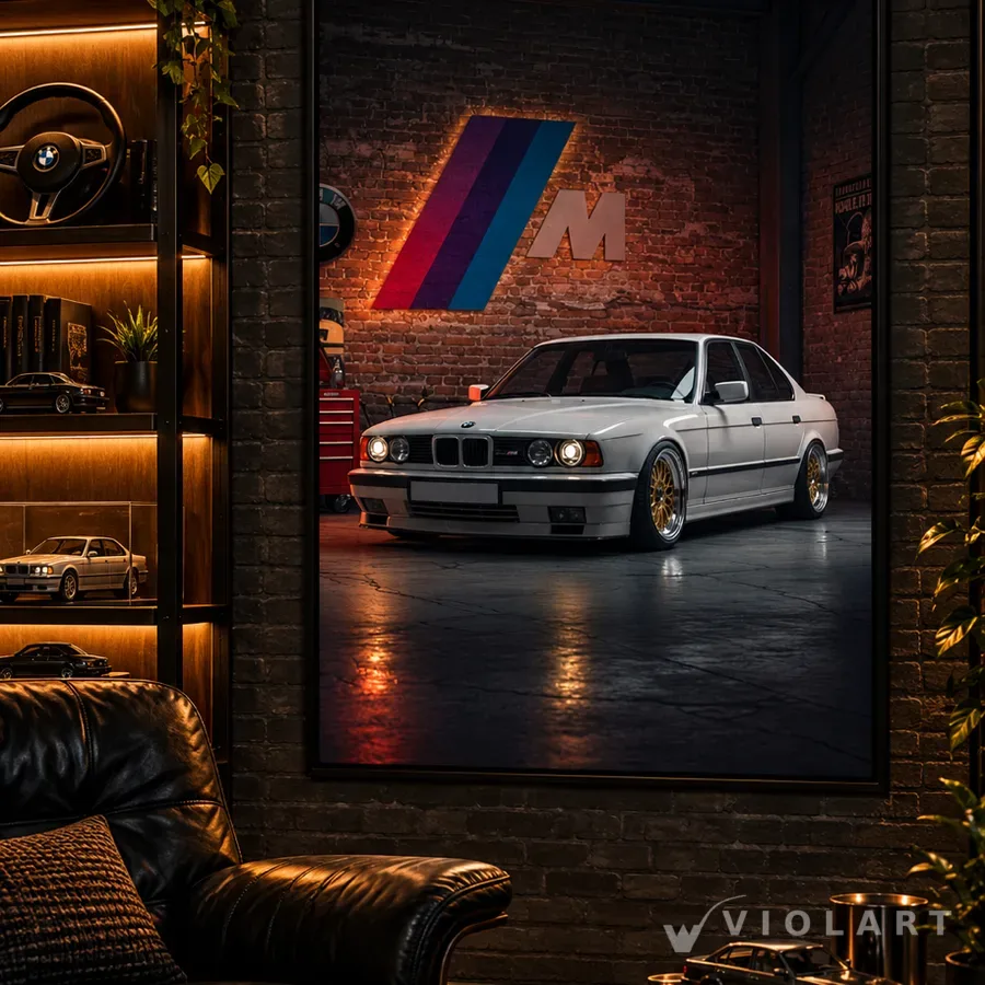 BMW E34 tablosu salon duvarında, siyah çerçeveli