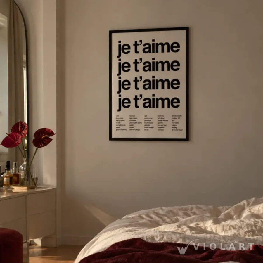 Je T'aime tablosu salon duvarında, siyah çerçeveli
