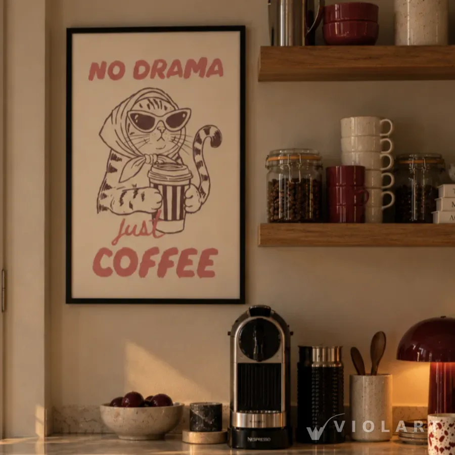 No Drama, Just Coffee tablosu salon duvarında, siyah çerçeveli