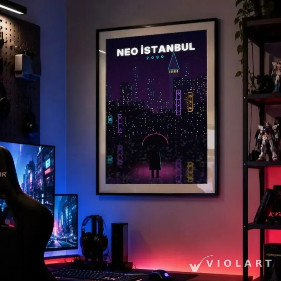 Neo İstanbul tablosu salon duvarında, siyah çerçeveli